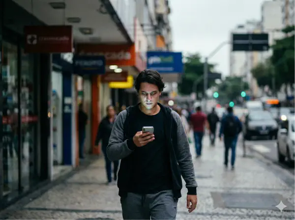 Imagem de pessoas com cabeça baixa olhando celular na rua