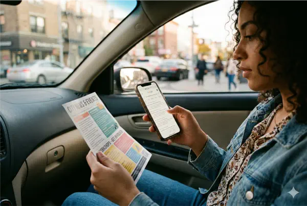 Pessoa segurando panfleto e olhando celular no carro