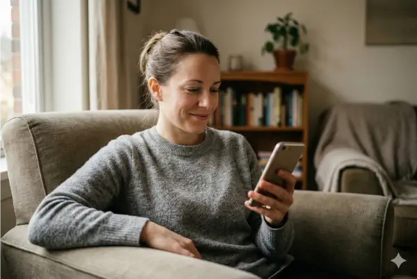 Cliente satisfeita olhando tablet e sorrindo